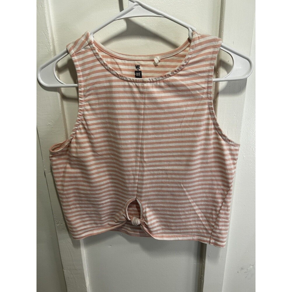 Me To We Women’s Pink And White Stripe Tank Crop Top Keyhole Women’s Medium